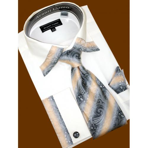 Avanti Uomo Ivory With Grey/Tan Accent Shirt/Tie/Hanky Set & Free $50 Cufflings